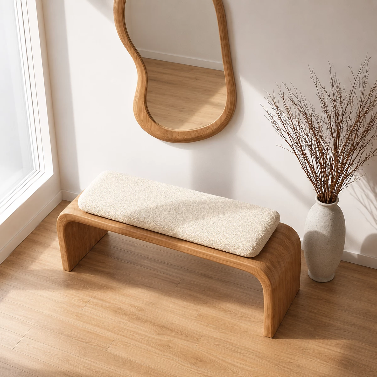 Upholstered Curved Wood Bench – Modern Entryway Bench with Natural Wood Frame