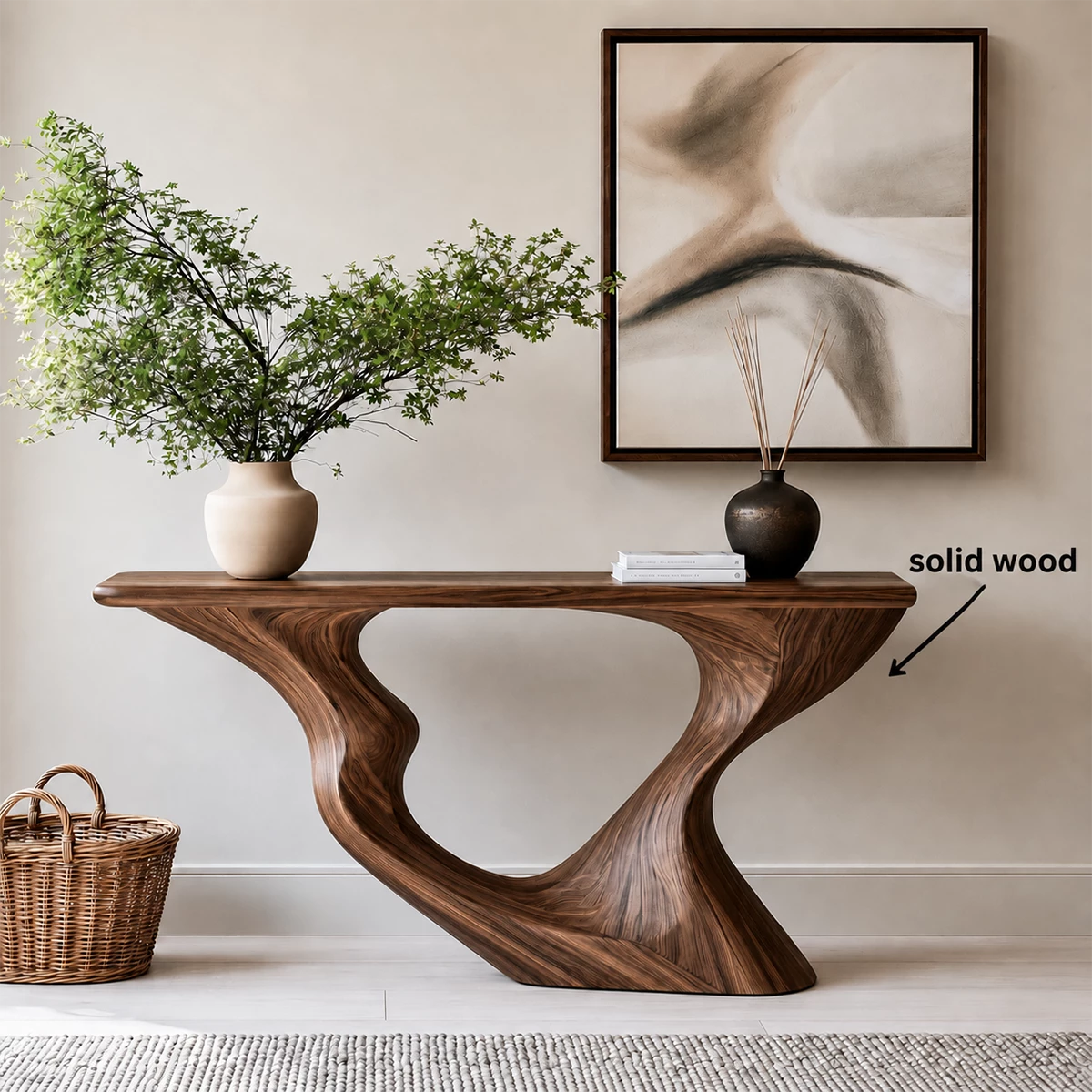 Natural Solid Wood Console Table Sculptural Loop Modern Style