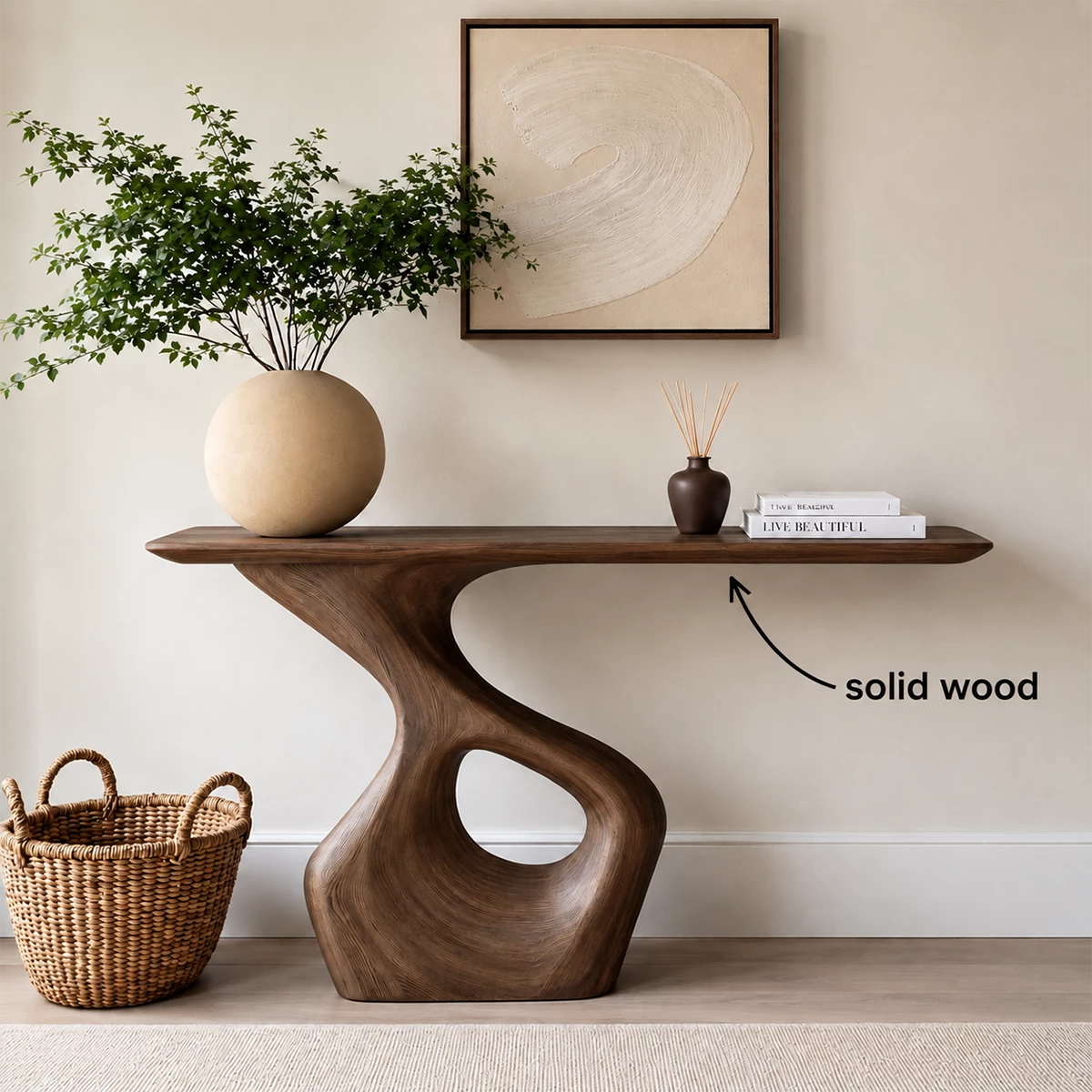 Natural Solid Wood Console Table with Abstract Cutout Pedestal Modern Style