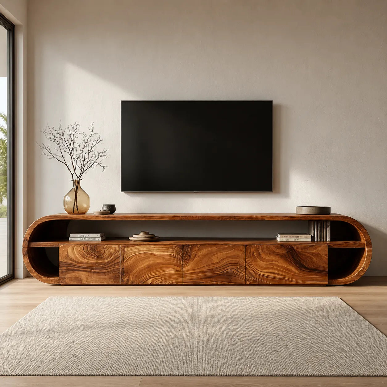 Curved Edge Natural Solid Wood TV Stand with Open Shelf Storage