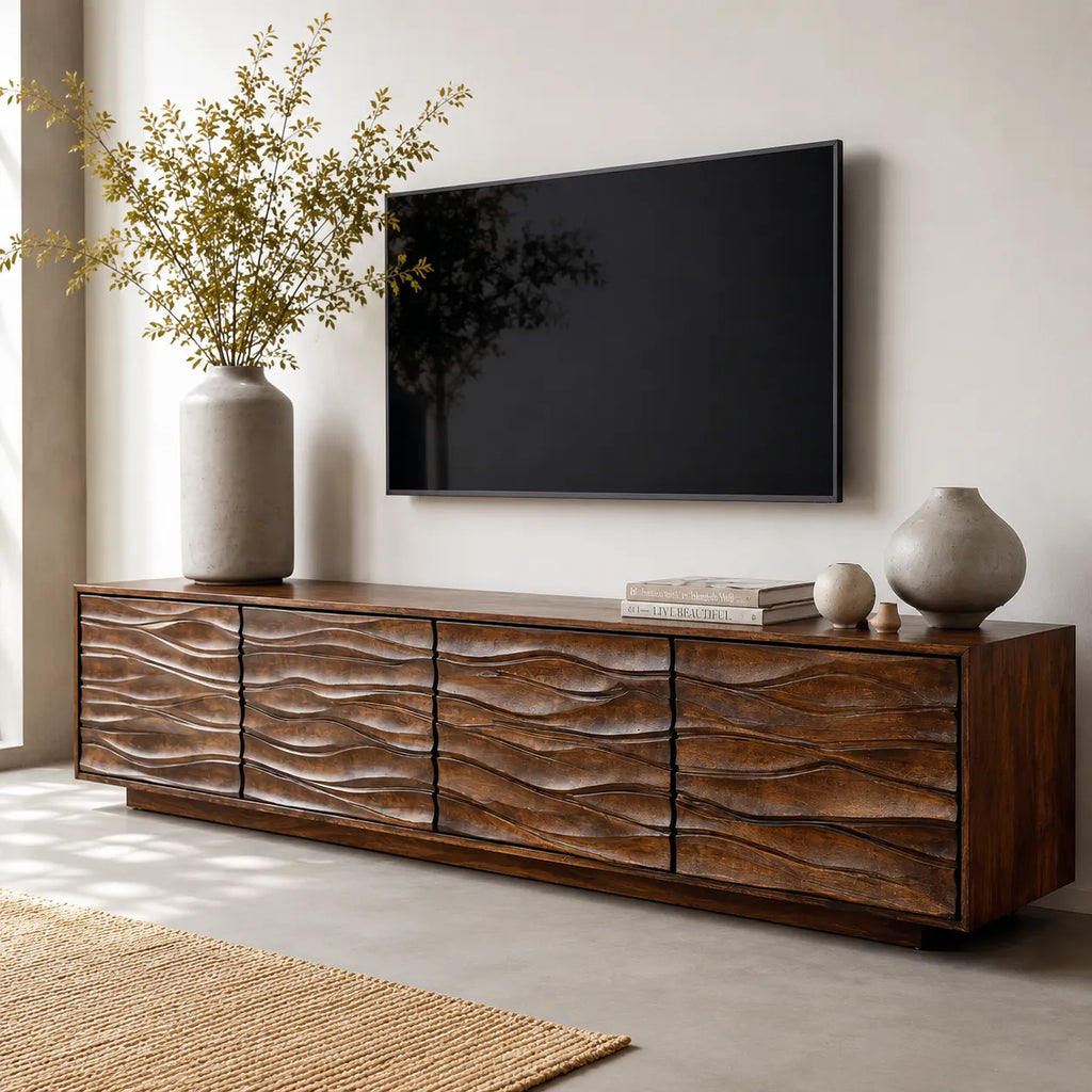 Wave Front Natural Solid Wood TV Stand with Sculpted Storage Design