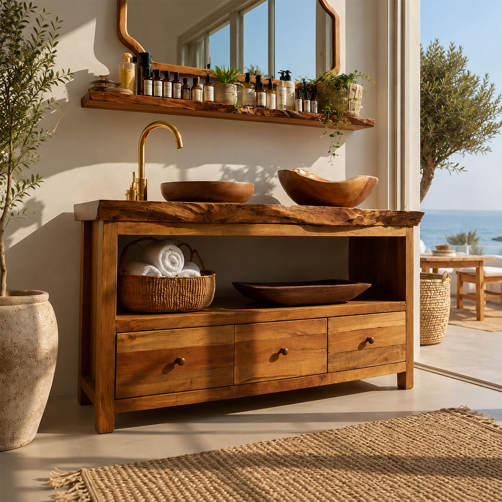 Natural Wood Bathroom Vanity With Double Vessel Sinks & Open Storage