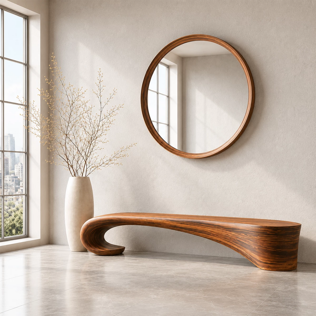 Sculptural Wave Wood Bench – Organic Natural Wood Entryway Bench for Modern Interior