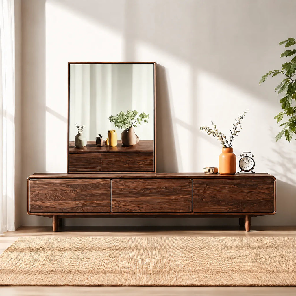 Contemporary Natural Solid Wood TV Stand with Concealed Storage