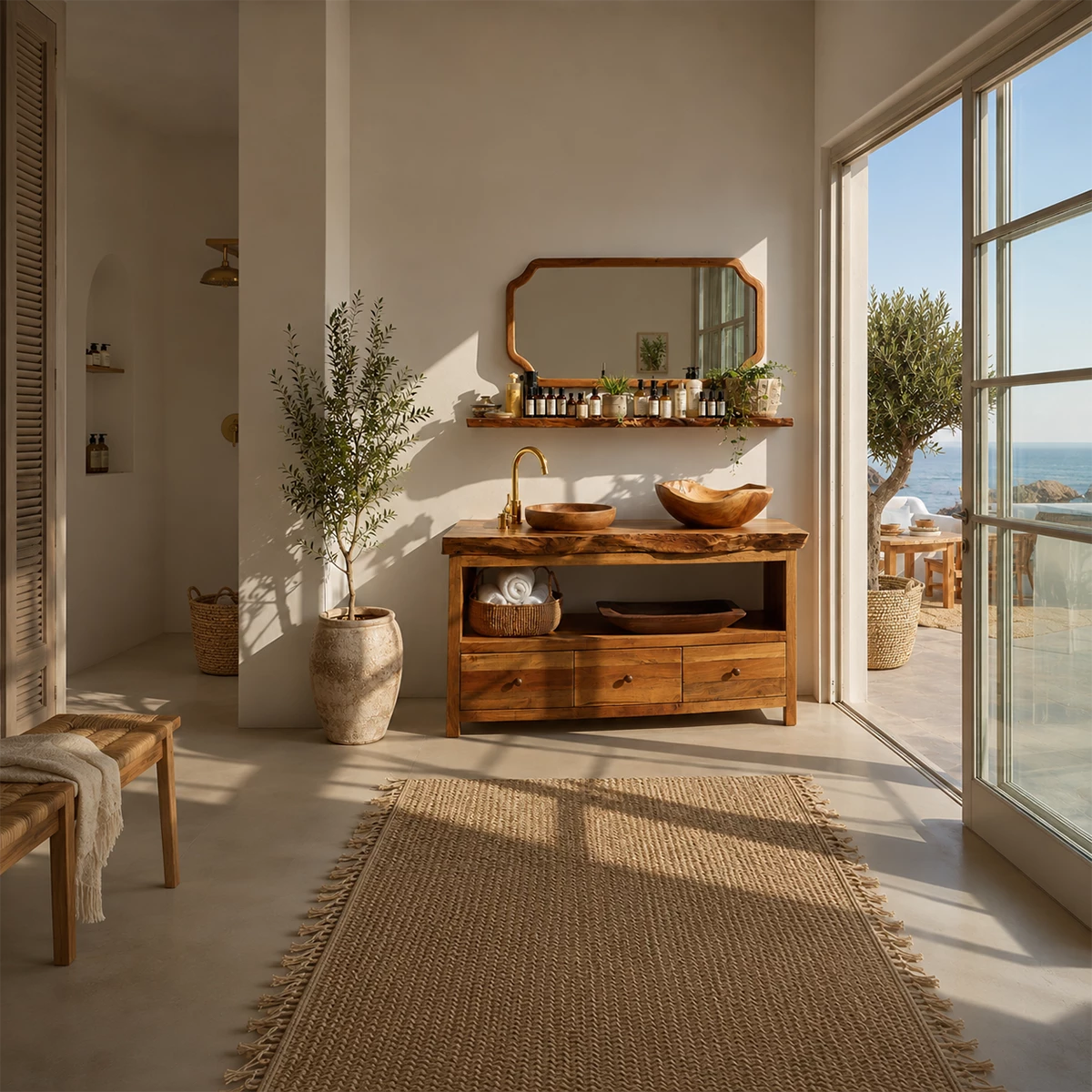 Natural Wood Bathroom Vanity With Double Vessel Sinks & Open Storage
