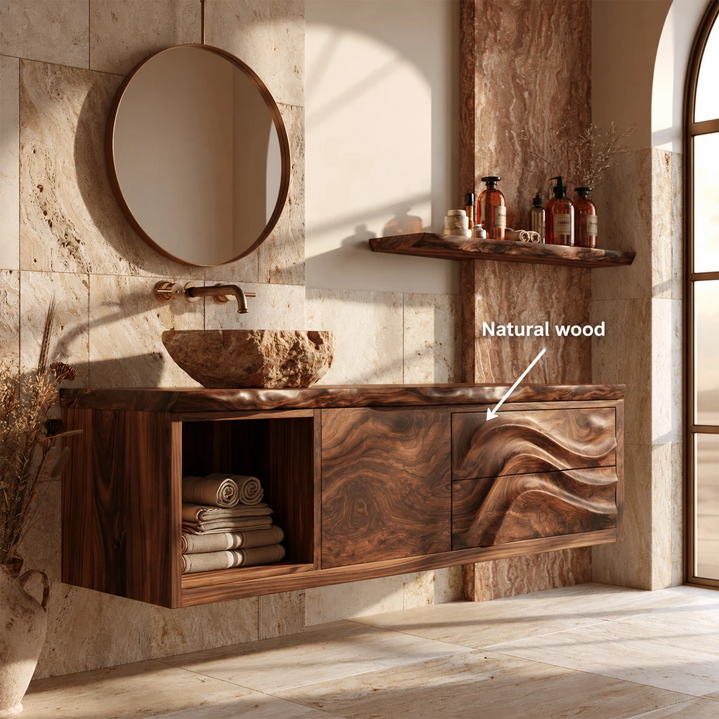 Natural Solid Wood Floating Bathroom Vanity with Wave Carved Drawers