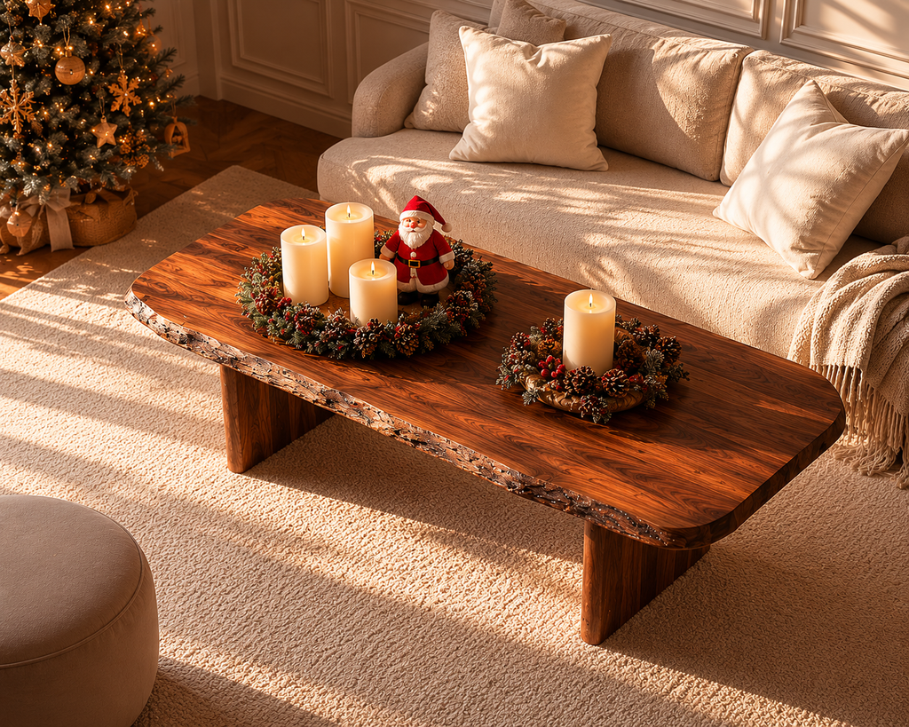 Live Edge Natural Solid Wood Coffee Table with Rustic Modern Form