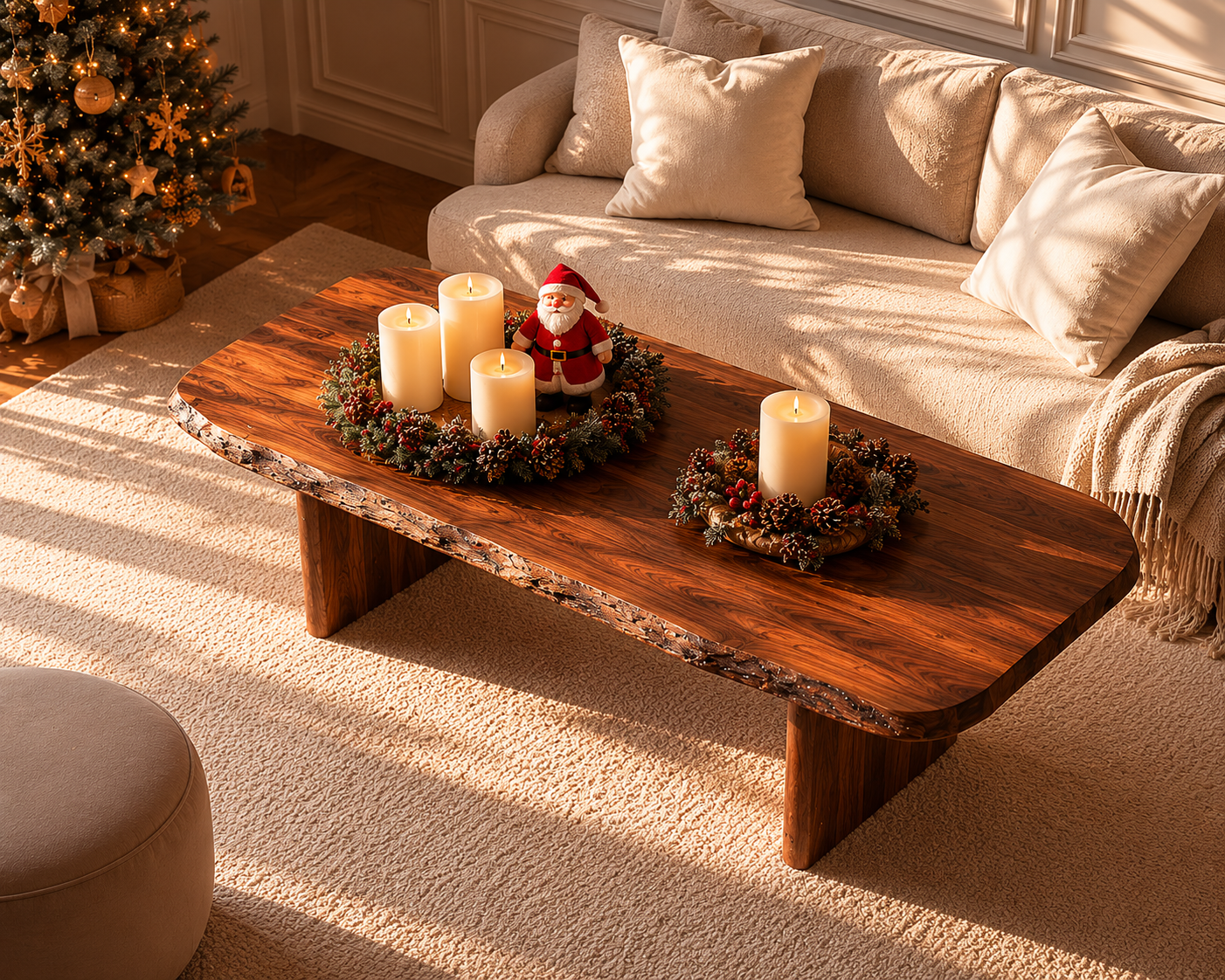 Live Edge Natural Solid Wood Coffee Table with Rustic Modern Form