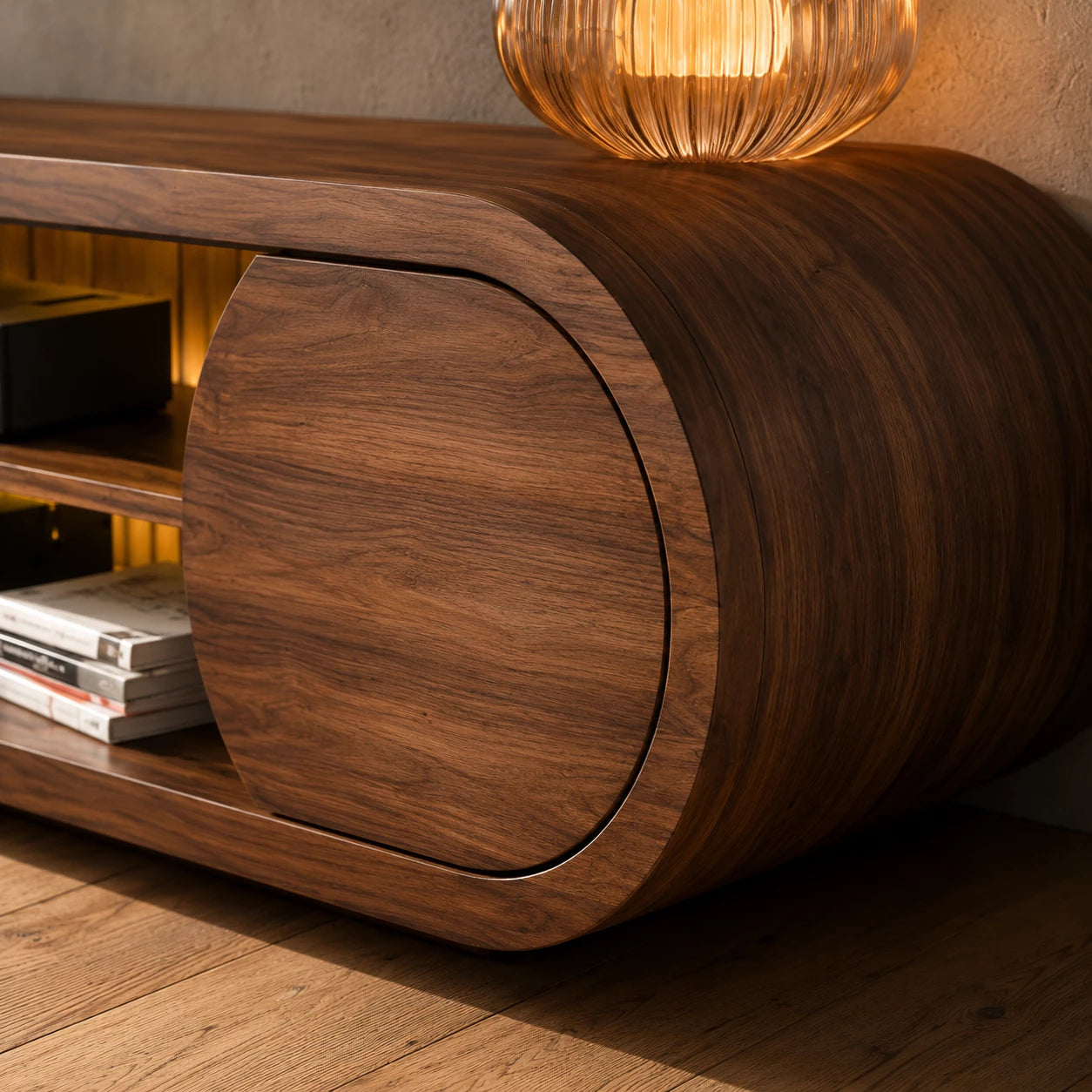 Rounded Modern TV Stand with Open Media Storage and Ambient Lighting