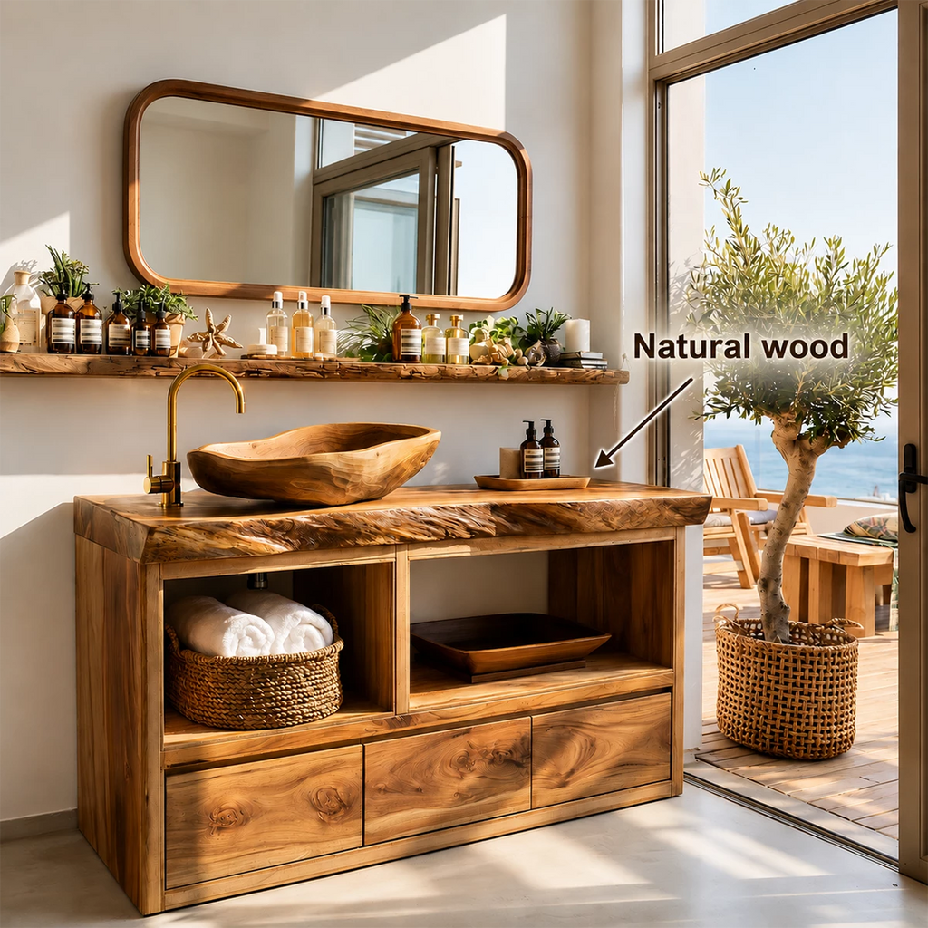 Natural Wood Bathroom Vanity With Live Edge Countertop & Open Storage