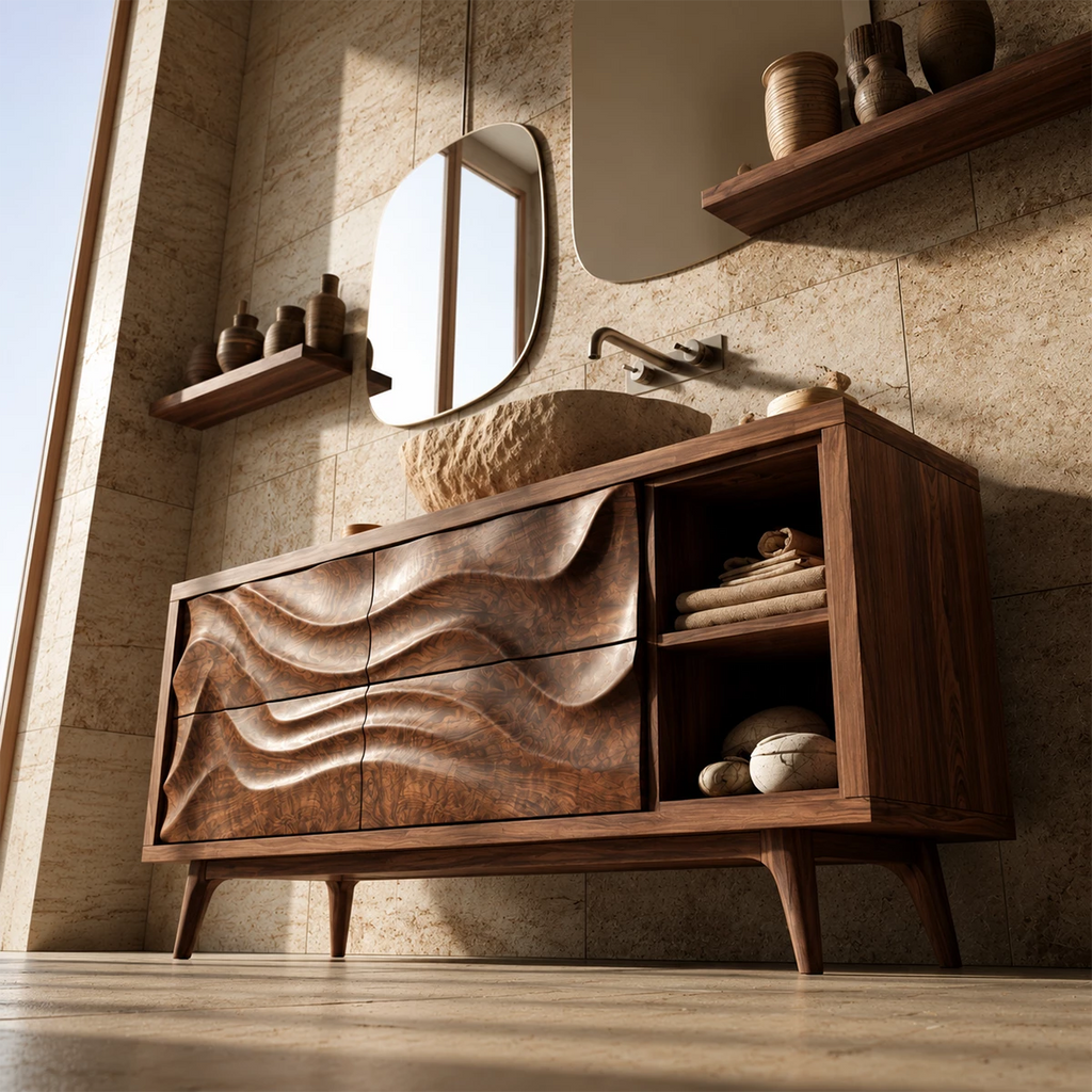 Natural Solid Wood Bathroom Vanity with Four Carved Drawers and Open Shelves