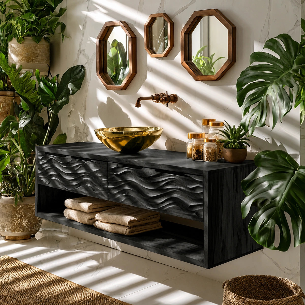 Natural Solid Wood Floating Bathroom Vanity with 2 Drawers and Open Shelf