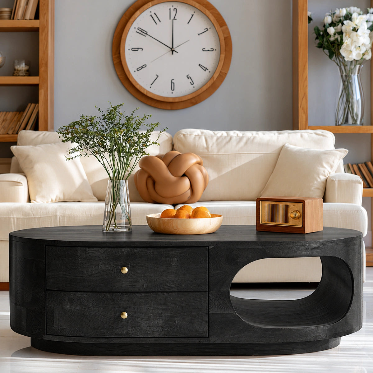 Natural Solid Wood Coffee Table with Drawers – Rounded Modern Style