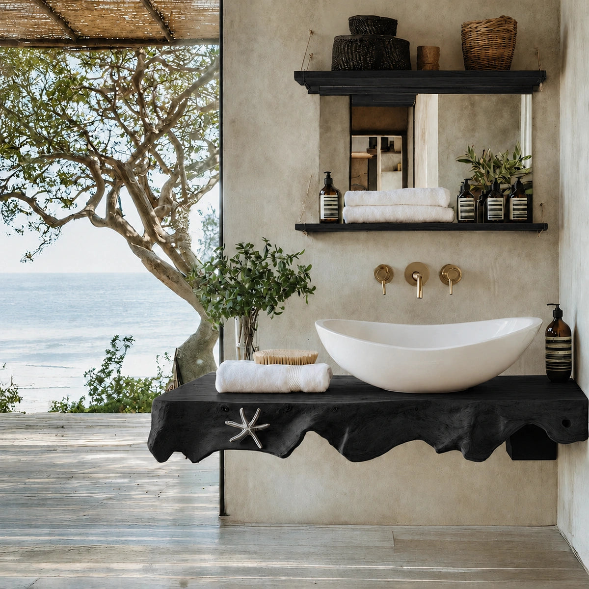 Natural Solid Wood Floating Bathroom Vanity with Sculptural Root Edge Slab