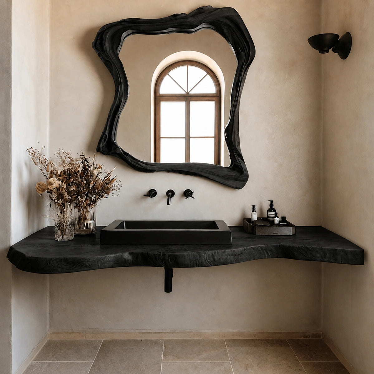 Natural Solid Wood Floating Bathroom Vanity with Hand Sculpted Live Edge
