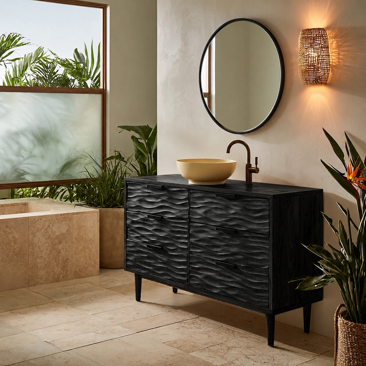 Solid Wood Bathroom Vanity Cabinet with Textured Drawer Fronts – Modern Rustic Floating Sink Console, Walnut Finish Storage Cabinet