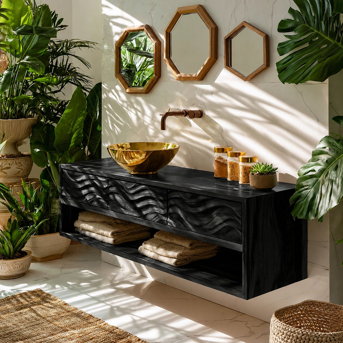 Natural Solid Wood Floating Bathroom Vanity with 3 Drawers and Open Shelf