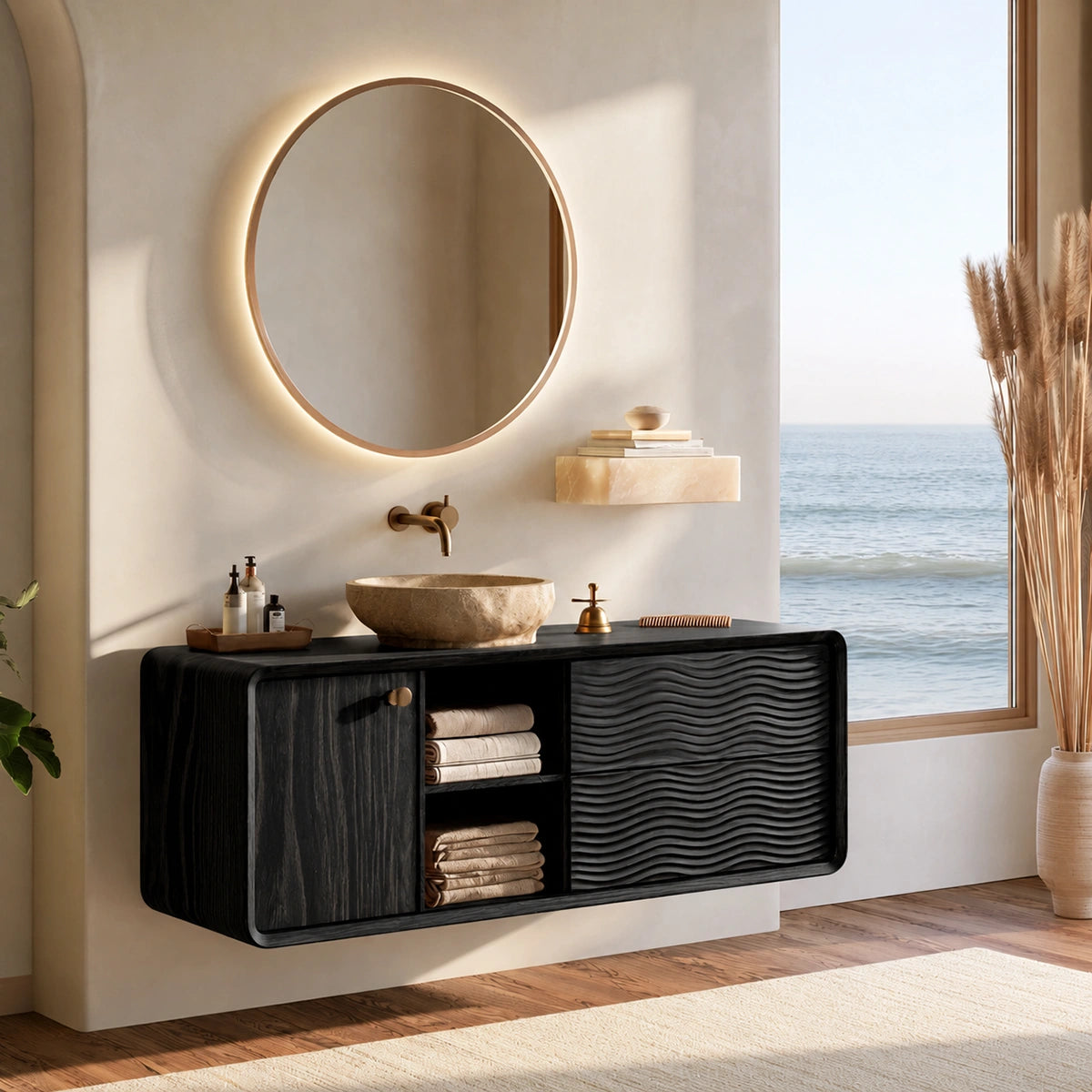 Natural Solid Wood Floating Bathroom Vanity with Door, Shelves and 2 Drawers