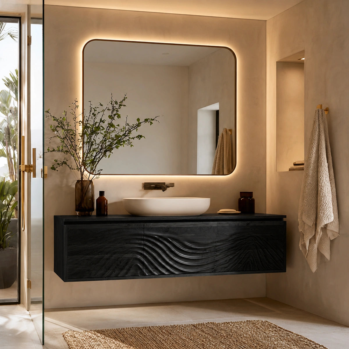 Natural Solid Wood Bathroom Cabinet – Wave Front Modern Style