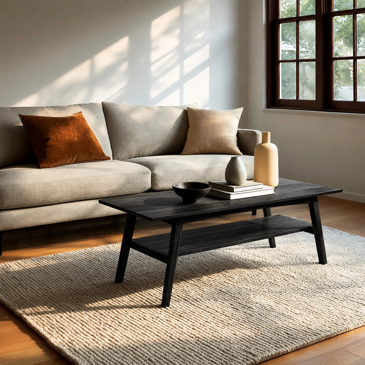 Natural Solid Wood Coffee Table with Lower Shelf and Tapered Legs