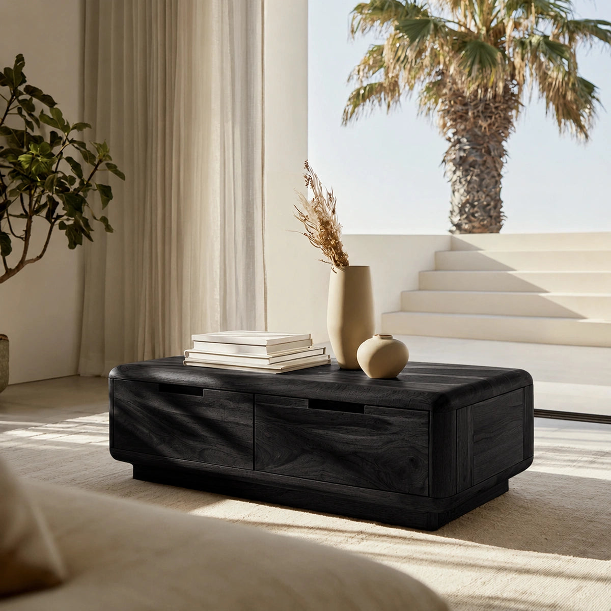 Natural Solid Wood Coffee Table – Rounded Modern Storage Style