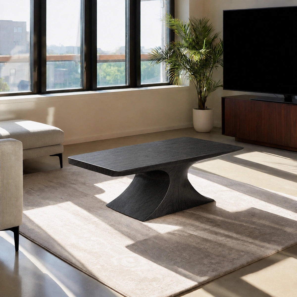 Natural Solid Wood Coffee Table – Sculptural Pedestal Modern Style
