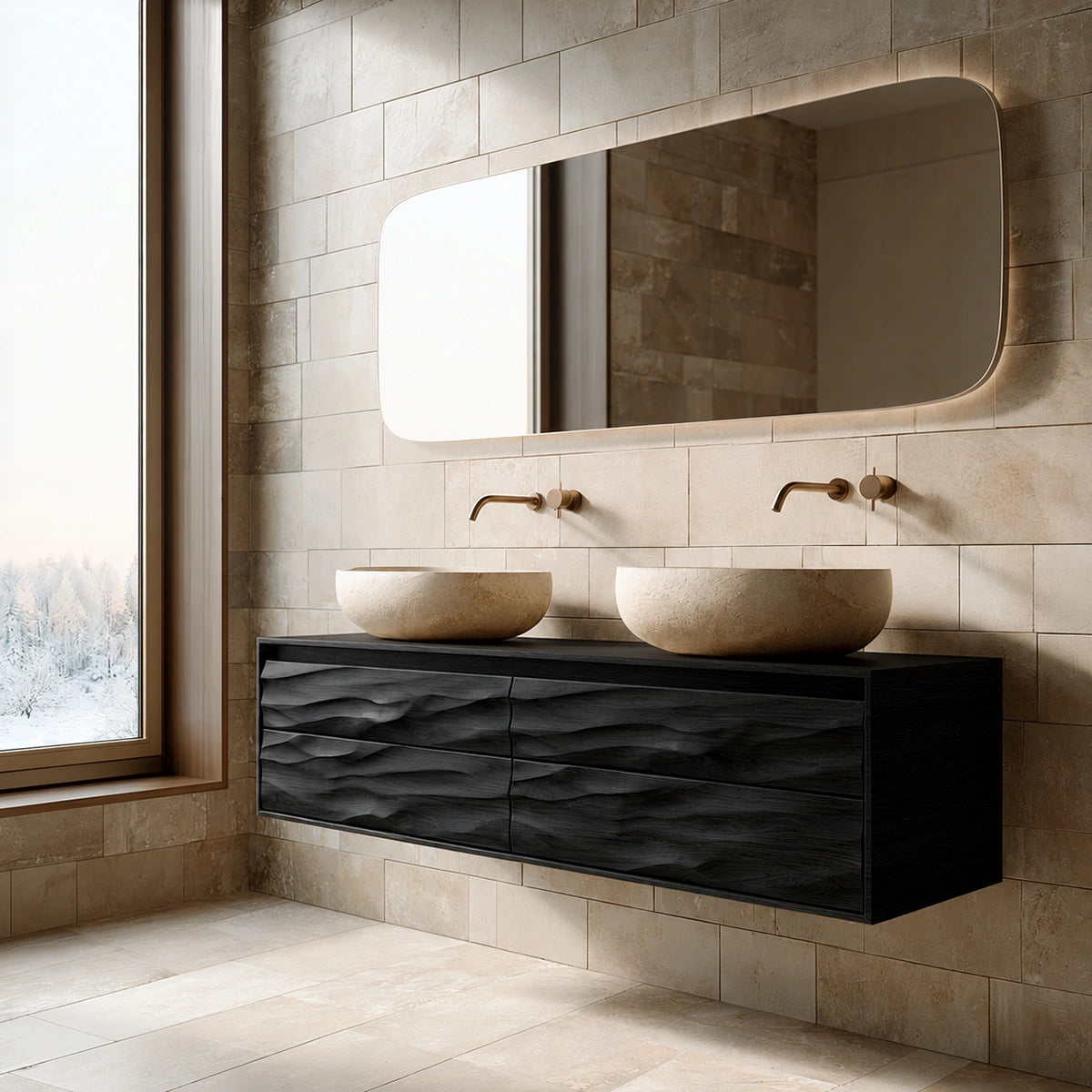 Natural Solid Wood Floating Double Bathroom Vanity with 4 Sculpted Drawers