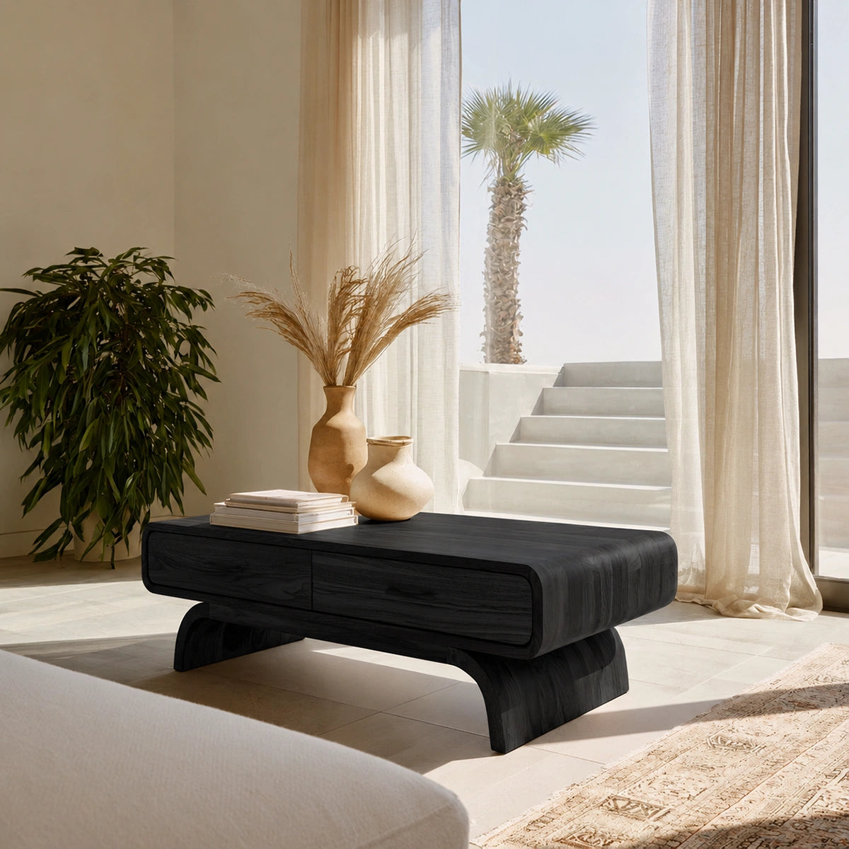 Natural Solid Wood Coffee Table with 2 Drawers – Rounded Japandi Style