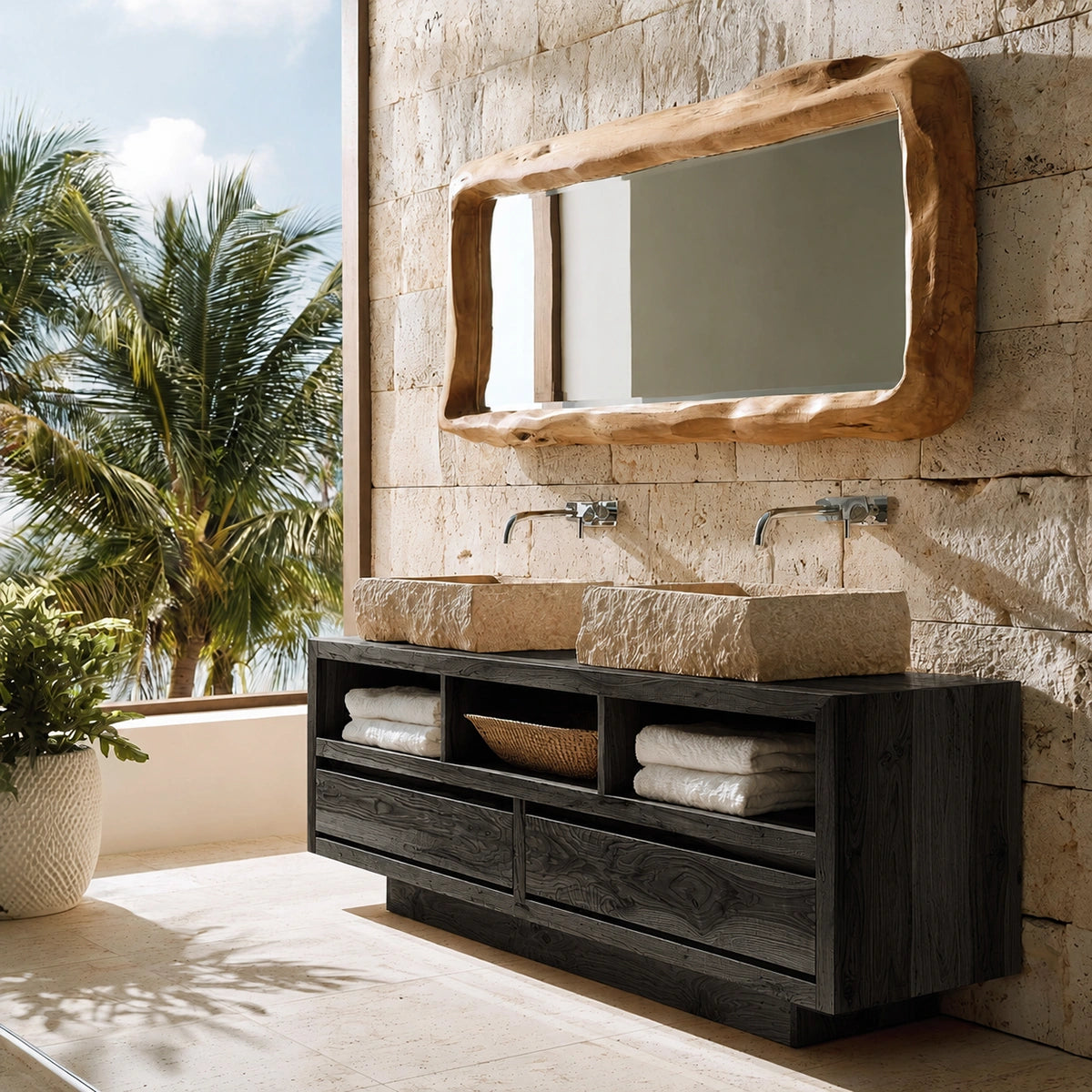 Natural Solid Wood Bathroom Vanity with 2 Drawers and 3 Open Shelves