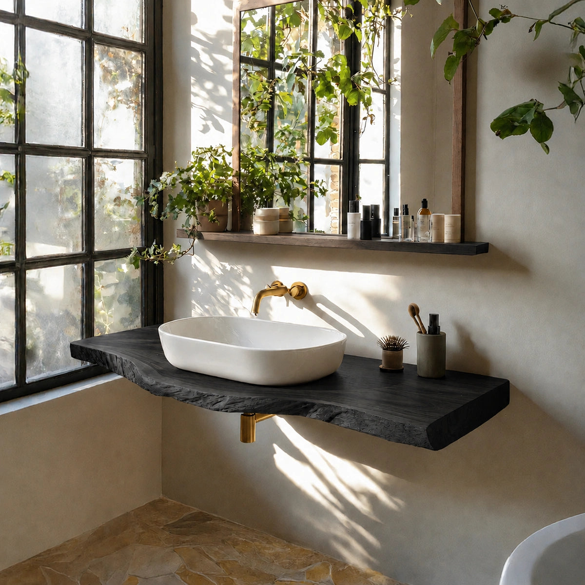 Natural Solid Wood Floating Bathroom Vanity with Sculptural Live Edge Top