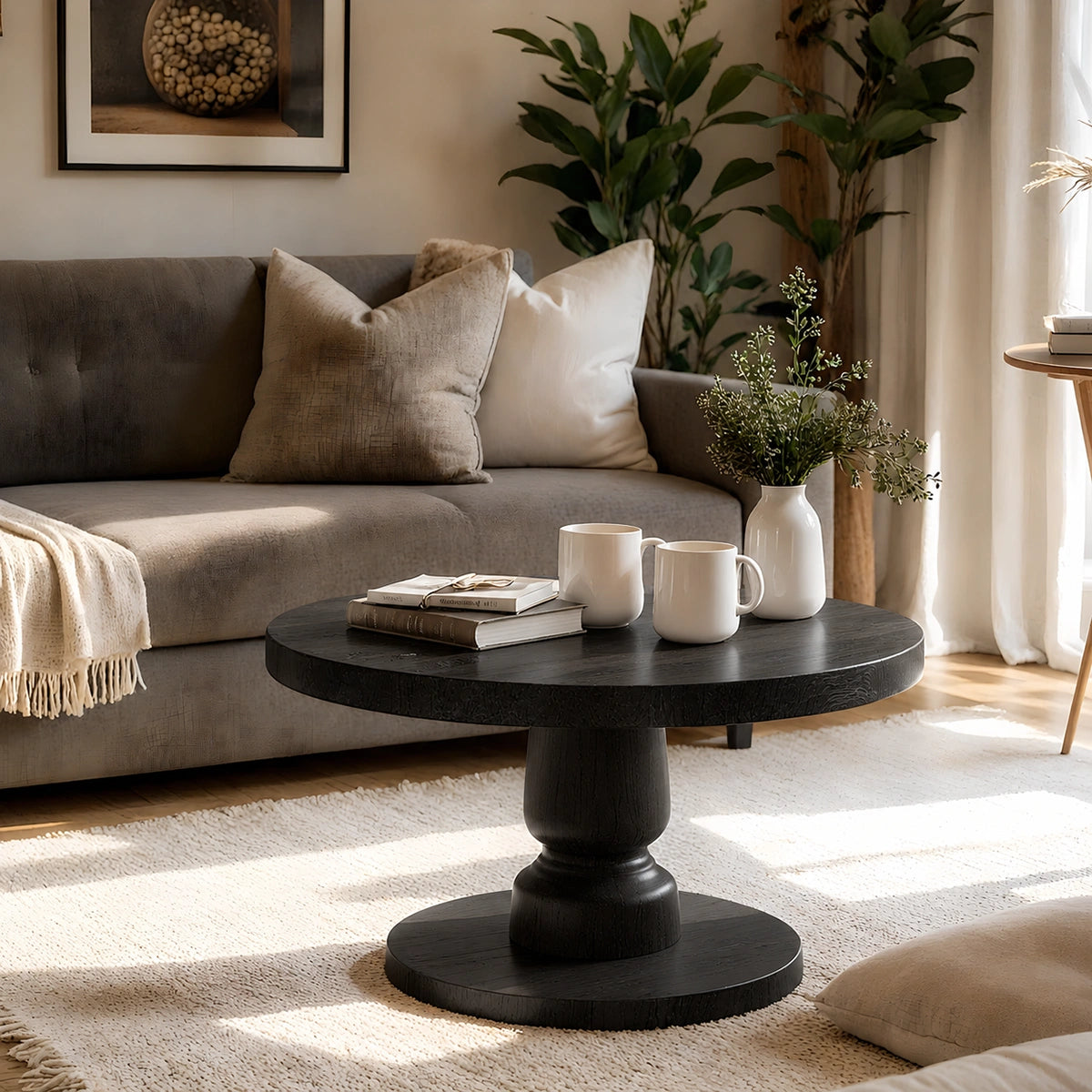 Natural Solid Wood Round Coffee Table – Sculptural Pedestal Style