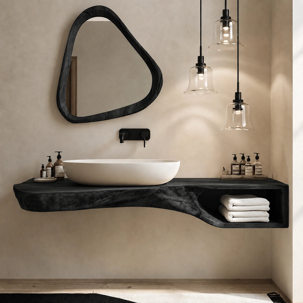 Natural Solid Wood Floating Bathroom Vanity with Open Towel Shelf