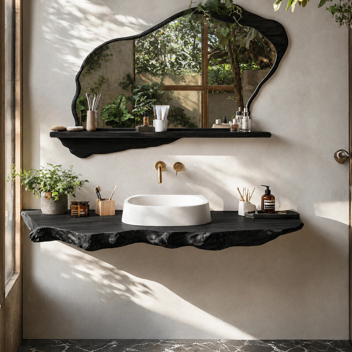 Natural Solid Wood Floating Bathroom Vanity with Sculptural Live Edge Slab