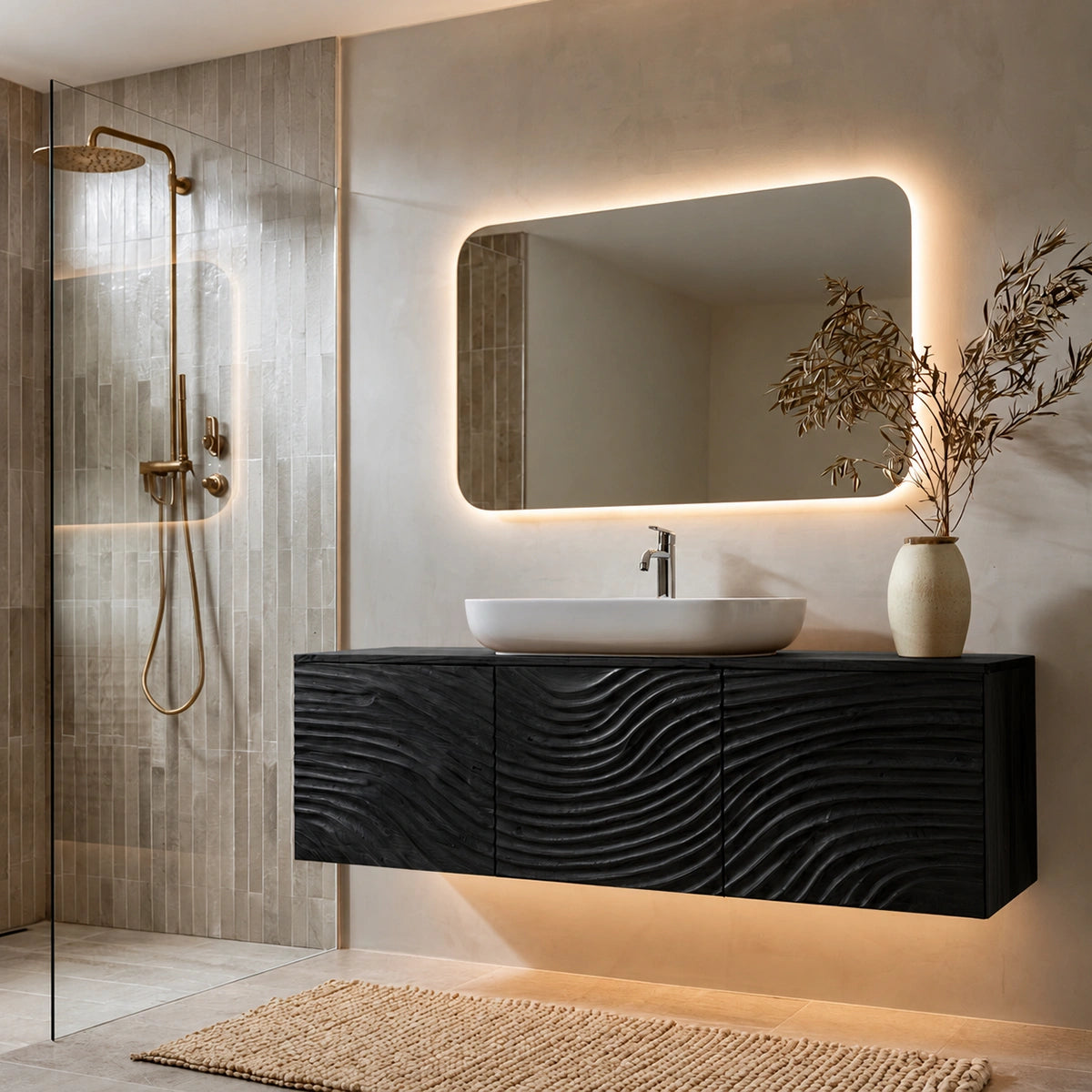 Natural Solid Wood Bathroom Cabinet – Sculpted Wave Modern Style