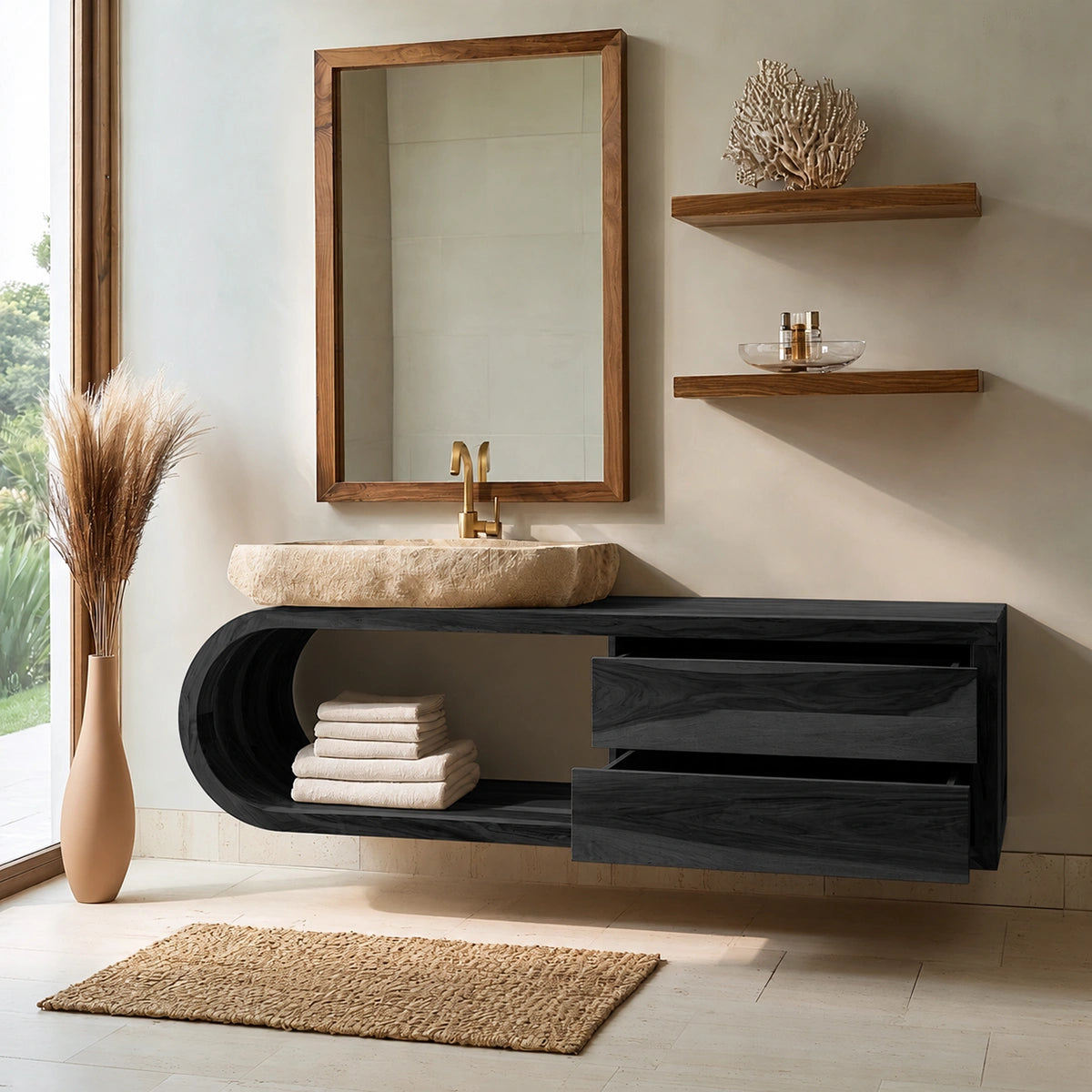 Natural Solid Wood Bathroom Cabinet with 4 Drawers – Wave Front Modern Style