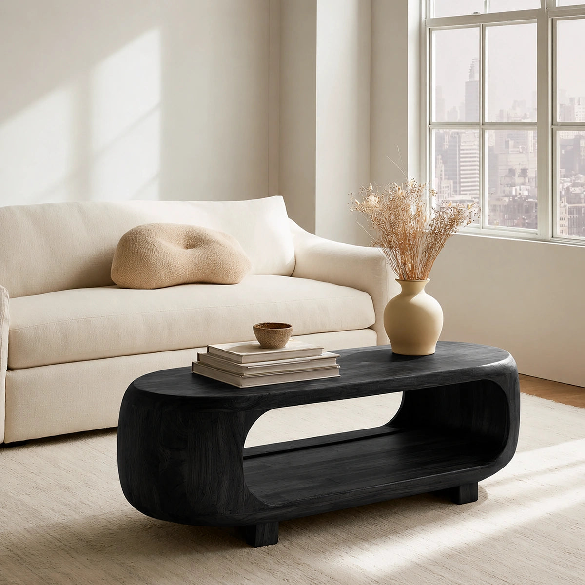 Natural Solid Wood Coffee Table – Rounded Japandi Modern Style