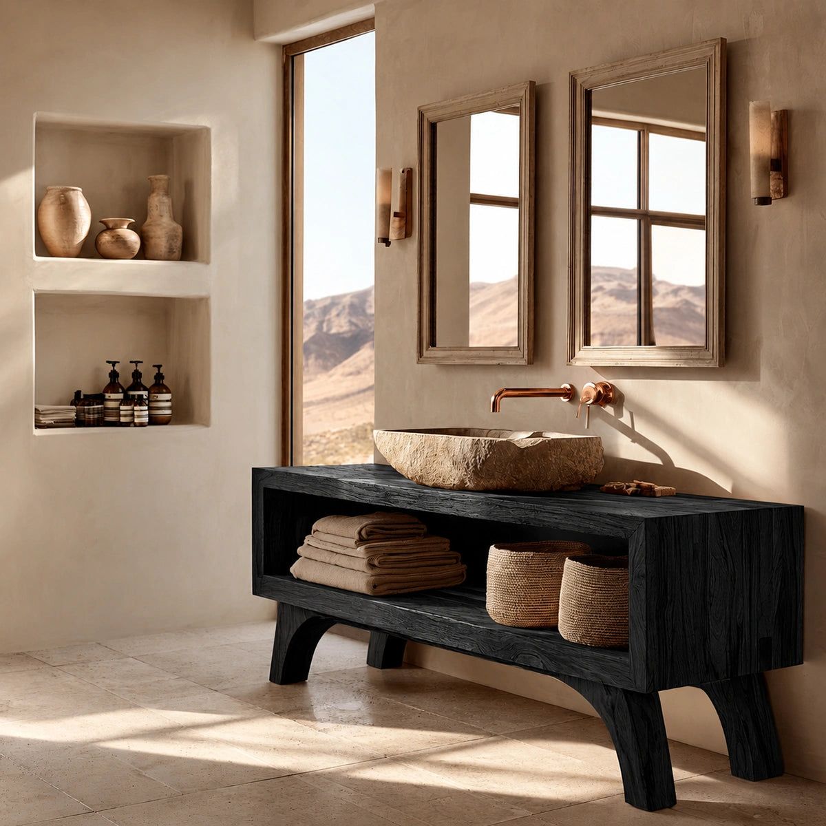 Natural Solid Wood Bathroom Vanity with Open Shelf – Rustic Wabi Sabi Style