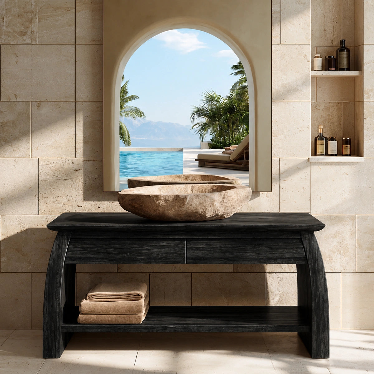 Natural Solid Wood Double Bathroom Vanity with 2 Drawers and Open Shelf