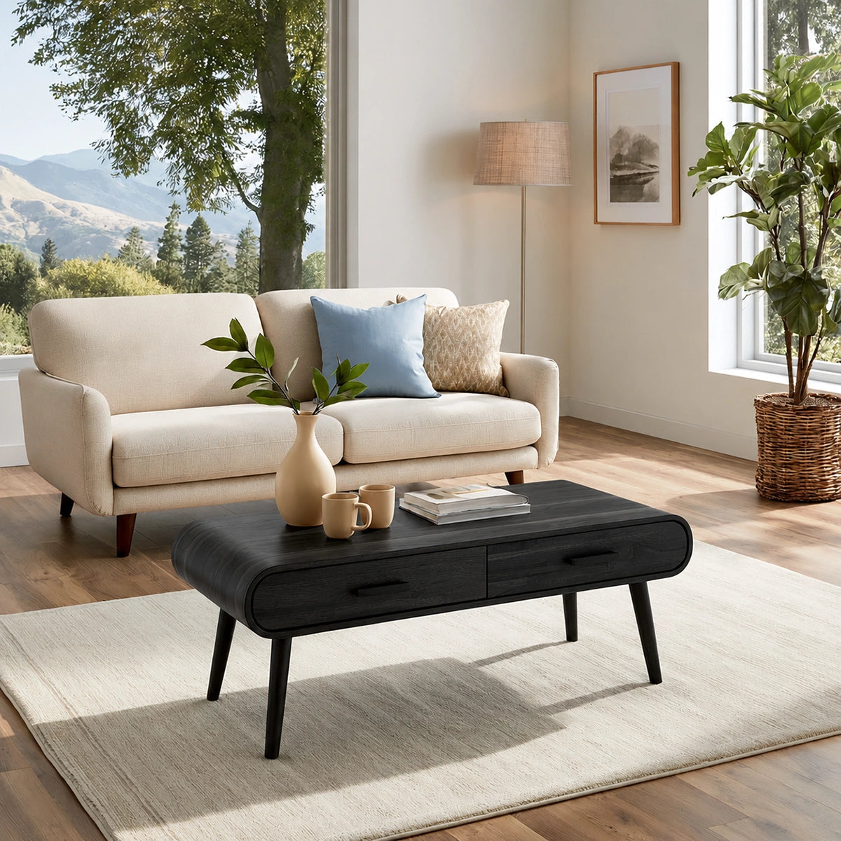 Natural Solid Wood Coffee Table with 2 Drawers – Mid-Century Modern Style
