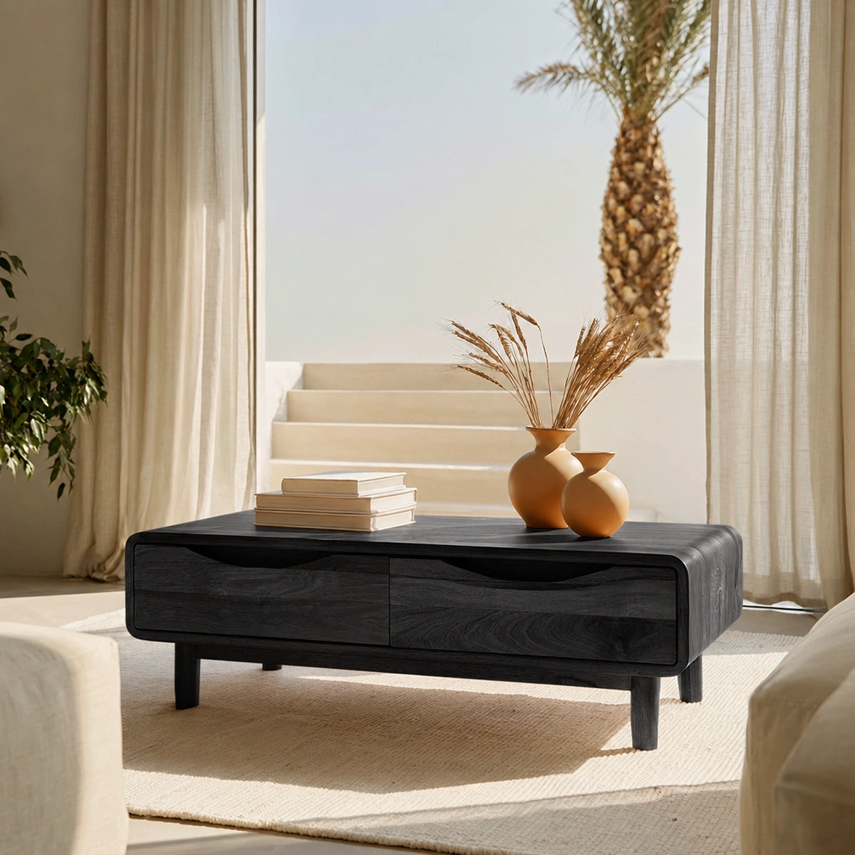 Rounded Natural Solid Wood Coffee Table with Two Storage Drawers