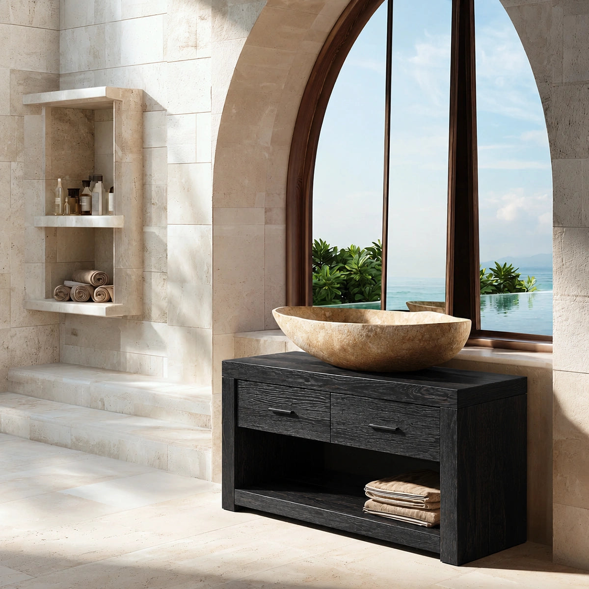 Natural Solid Wood Bathroom Vanity with 2 Drawers and Open Shelf