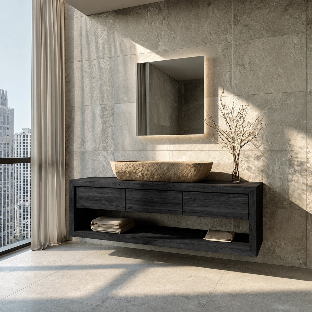 Natural Solid Wood Floating Bathroom Vanity with 3 Drawers and Open Shelf