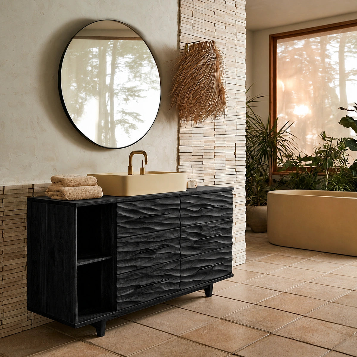Natural Solid Wood Bathroom Vanity with 6 Drawers and Side Open Shelves