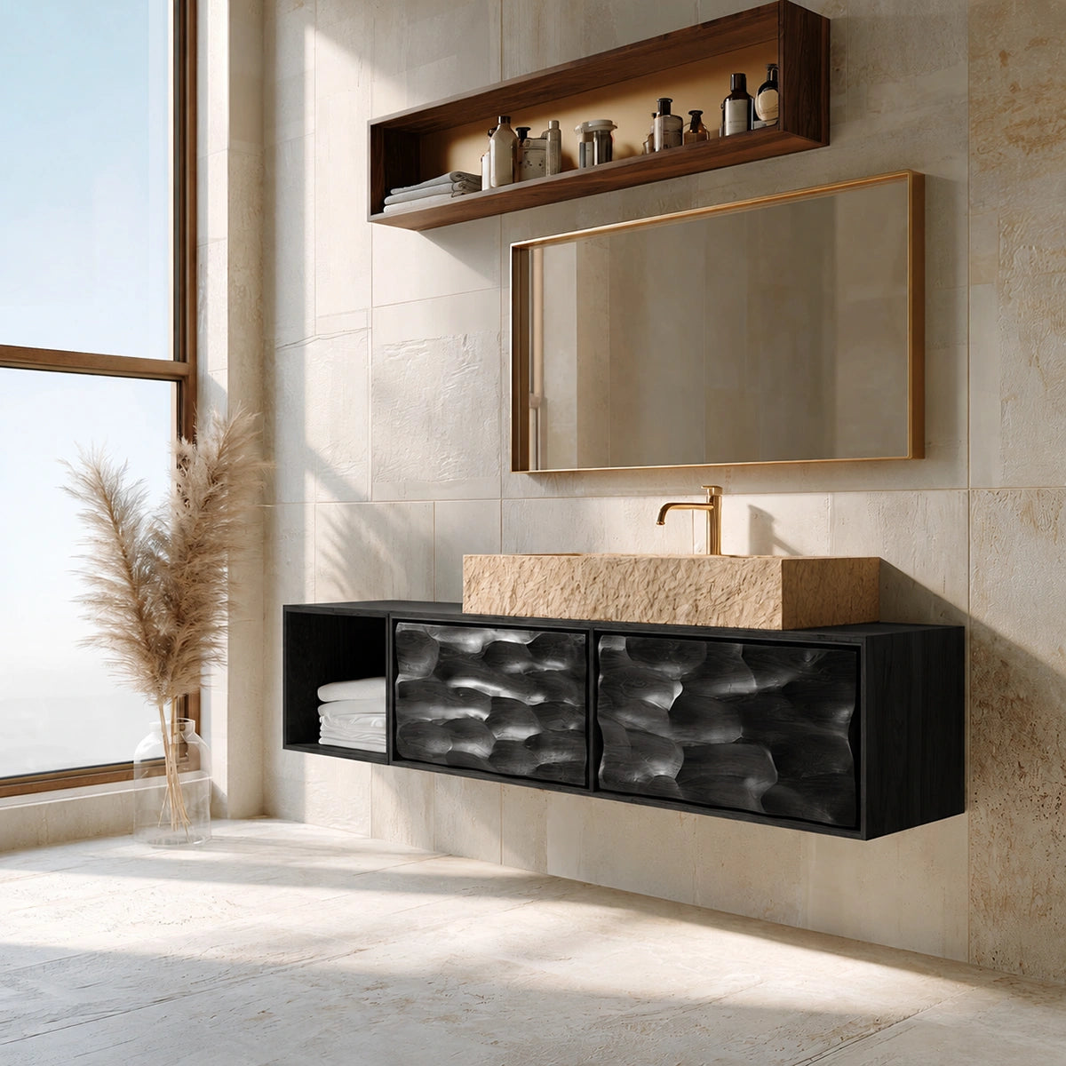 Natural Solid Wood Bathroom Cabinet with Side Shelf and 2 Doors