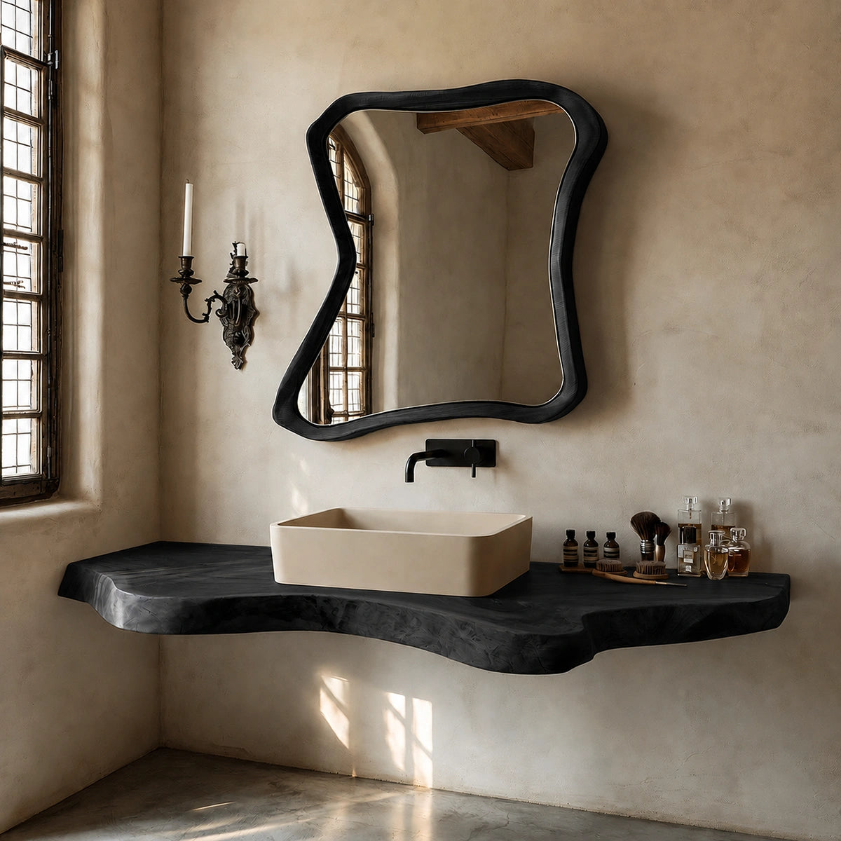 Natural Solid Wood Floating Bathroom Vanity with Sculptural Live Edge