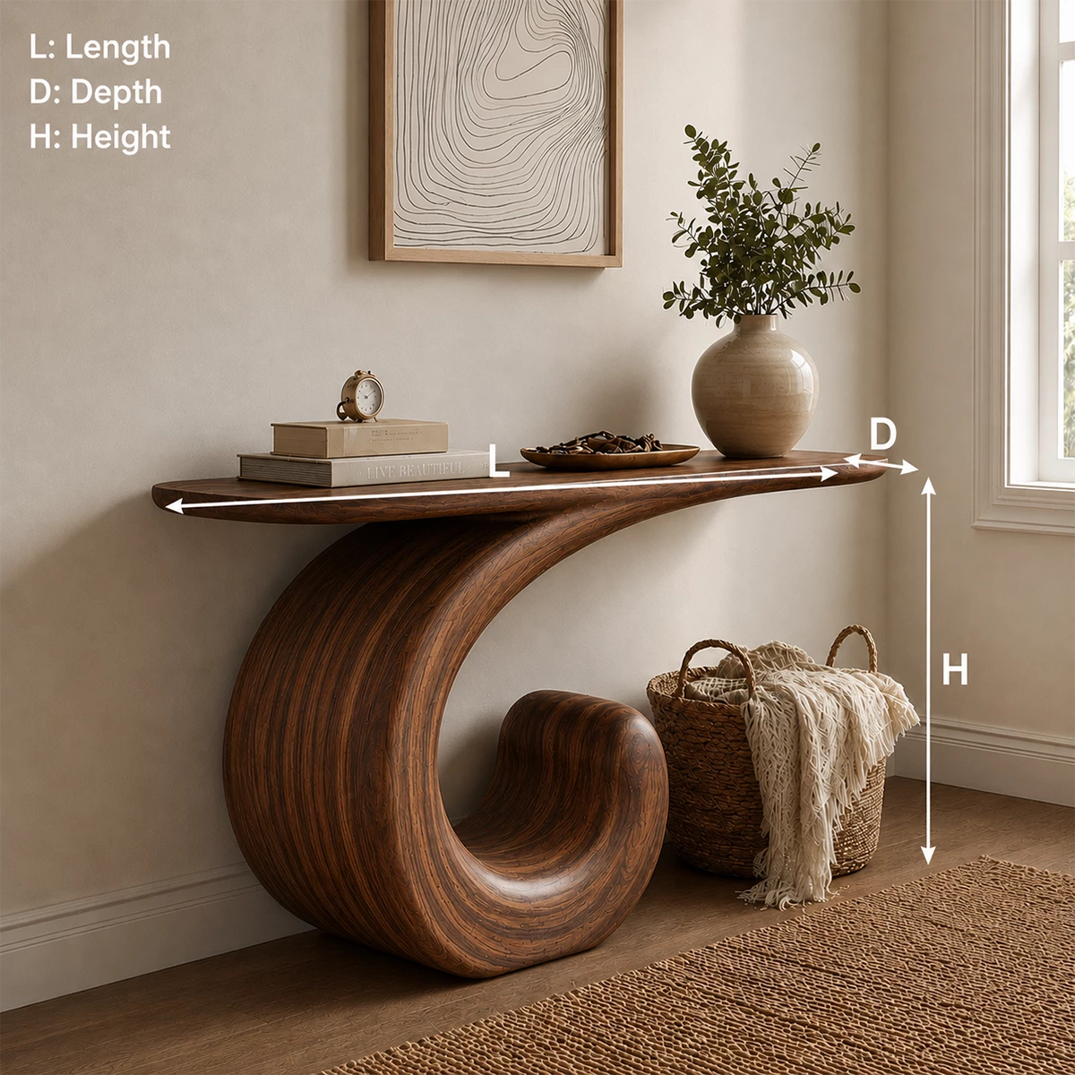 Sculptural Spiral Console Table in Natural Solid Wood