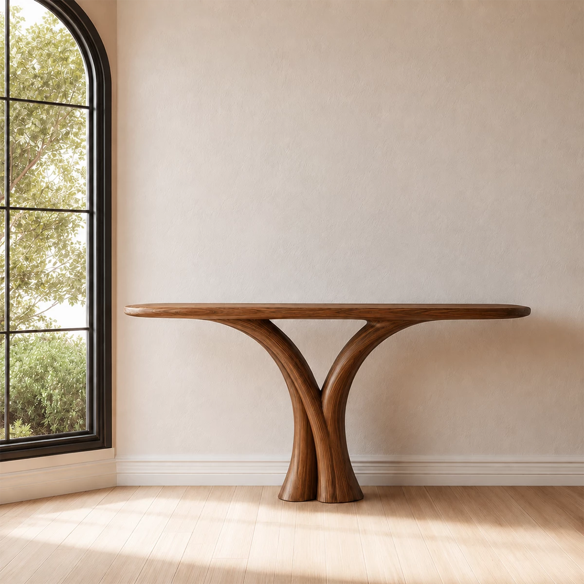 Sculptural Twin Arch Console Table in Natural Solid Wood