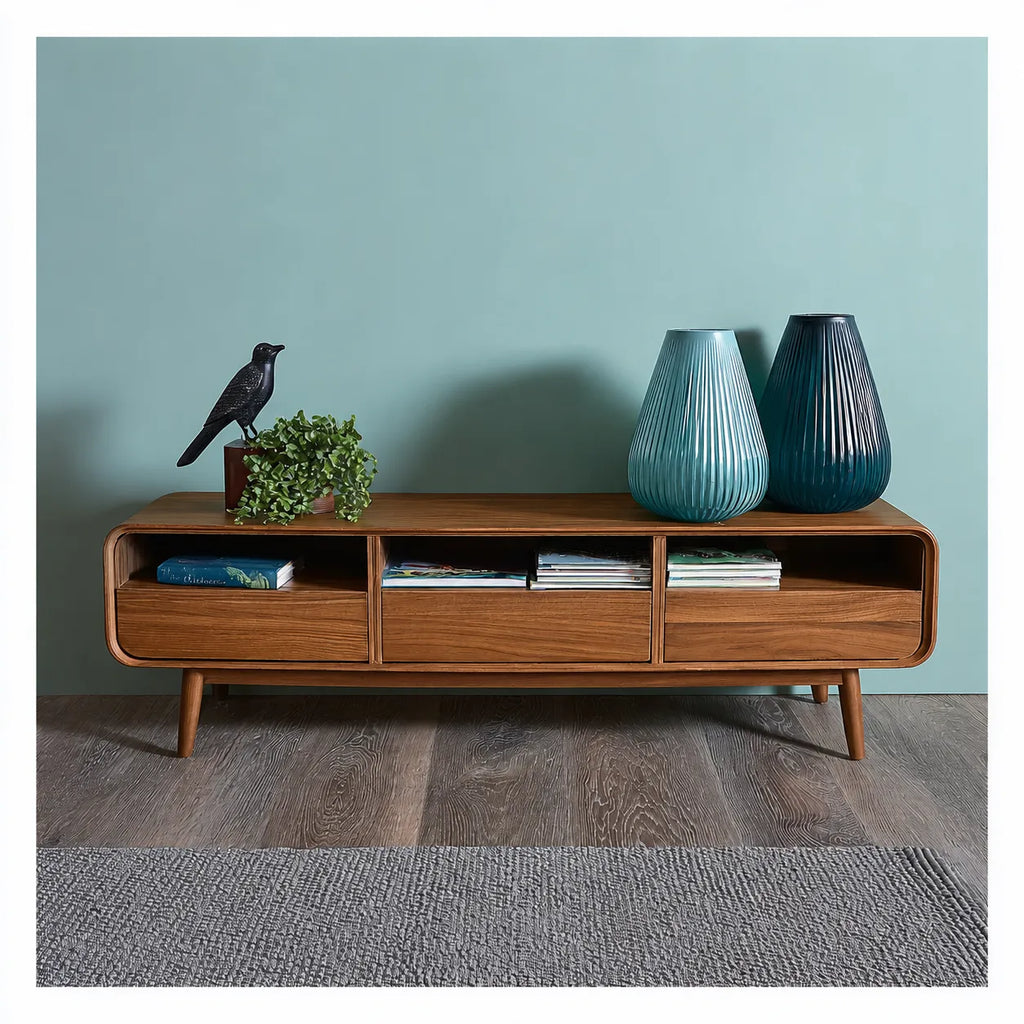 Mid Century Natural Solid Wood TV Stand with Rounded Frame Design