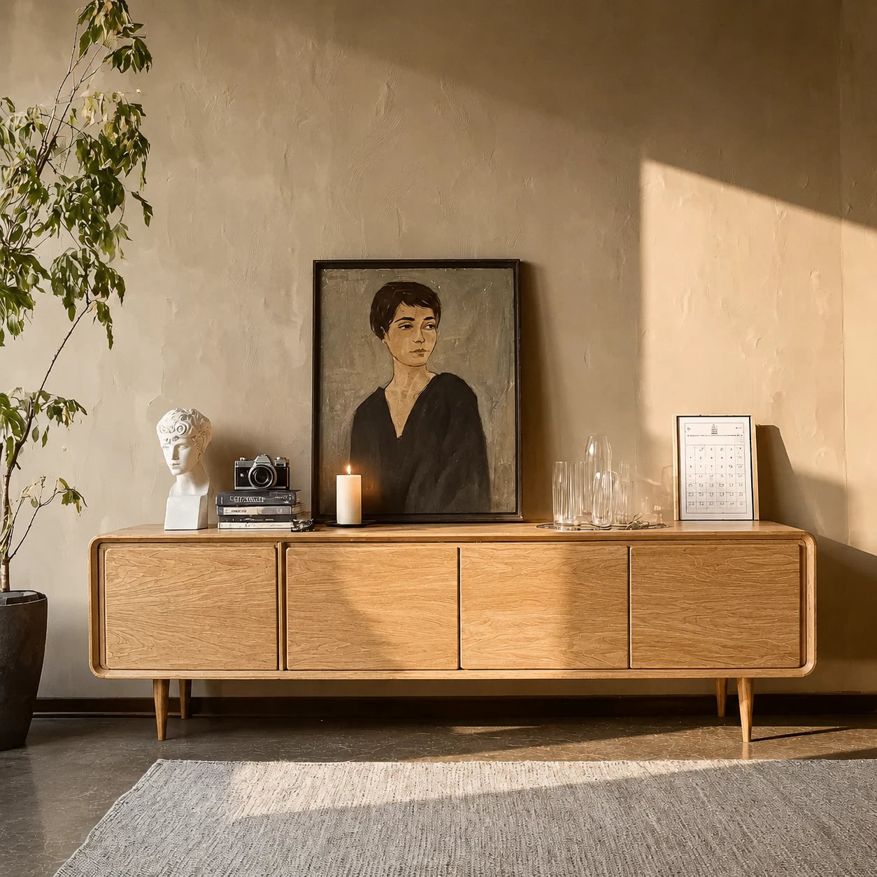 Low Profile Natural Solid Wood TV Stand with Rounded Four Door Storage