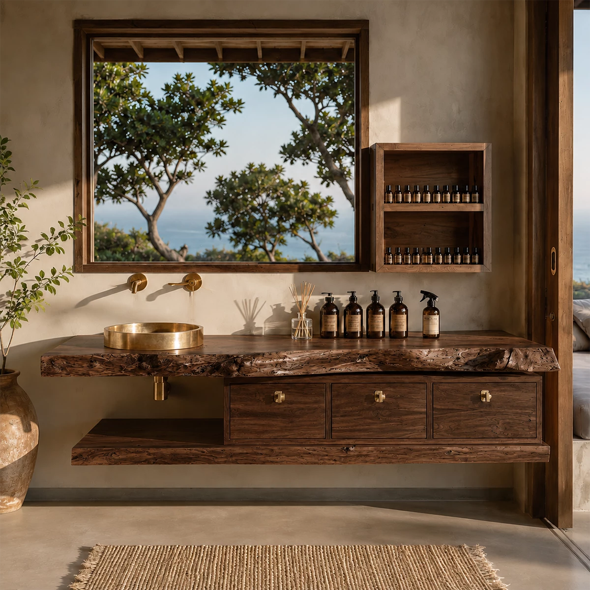 Live Edge Floating Bathroom Vanity With Solid Wood Drawers & Open Shelf
